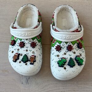 CROCS fur lined White Clogs with gingerbread men dinosaur tree snowflake